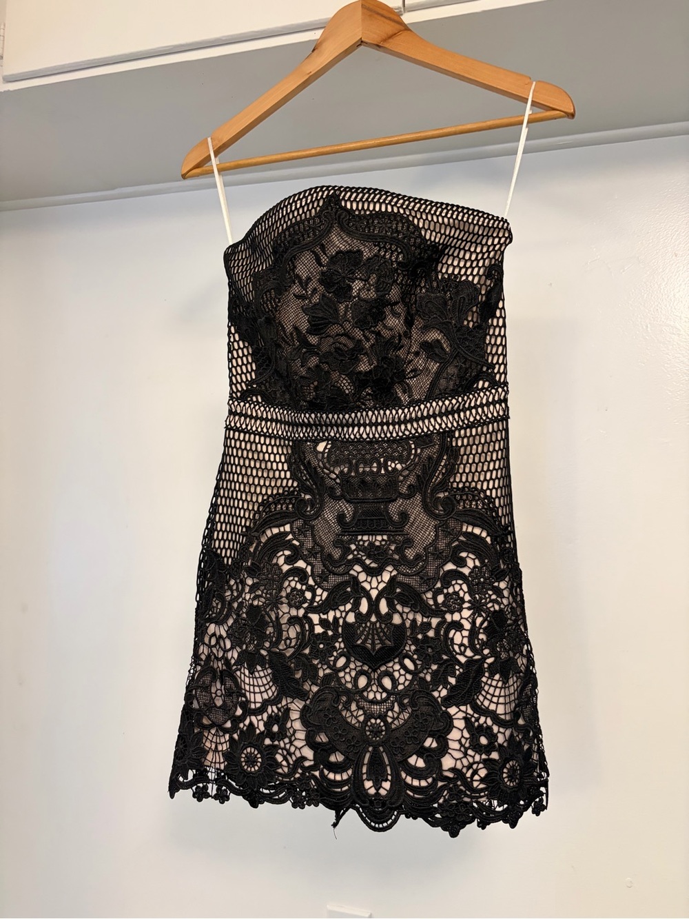 Black Lace Overlay Strapless Mini Dress